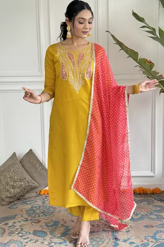 Elegant yellow colored party wear embroidered stitched viscose pant style kurti suit with duppatta