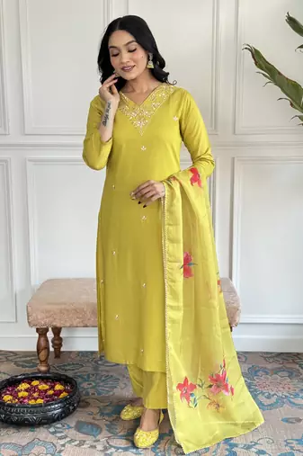 Elegant yellow colored party wear embroidered stitched rayon pant style kurti suit with duppatta