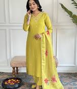 Elegant yellow colored party wear embroidered stitched rayon pant style kurti suit with duppatta