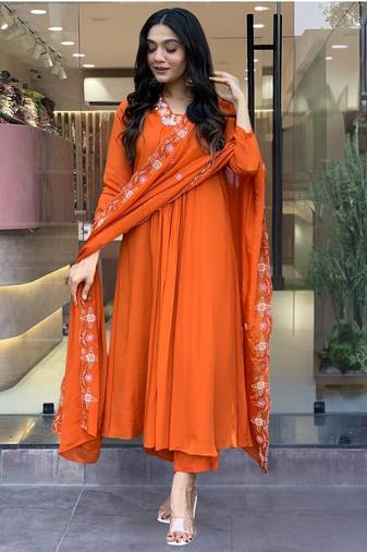 Elegant orange colored party wear embroidered stitched chiffon pant style kurti suit with duppatta