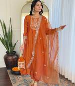 Elegant orange colored party wear embroidered stitched vichitra silk pant style kurti suit with duppatta