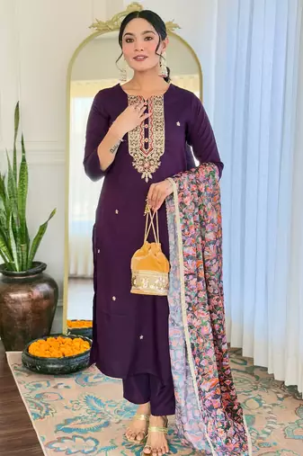 Elegant purple colored party wear embroidered stitched rayon pant style kurti suit with duppatta