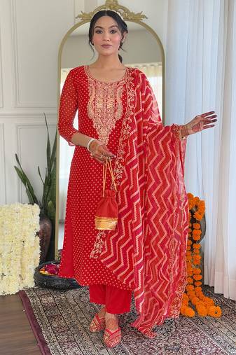 Elegant red colored party wear embroidered stitched vichitra silk pant style kurti suit with duppatta