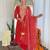Elegant red colored party wear embroidered stitched vichitra silk pant style kurti suit with duppatta