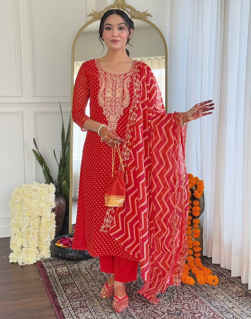 Elegant red colored party wear embroidered stitched vichitra silk pant style kurti suit with duppatta