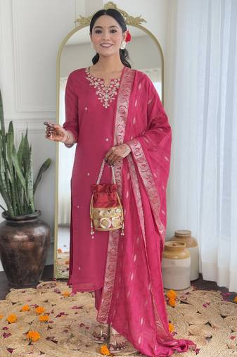 Elegant pink colored party wear embroidered stitched viscose pant style kurti suit with duppatta