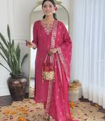 Elegant pink colored party wear embroidered stitched viscose pant style kurti suit with duppatta
