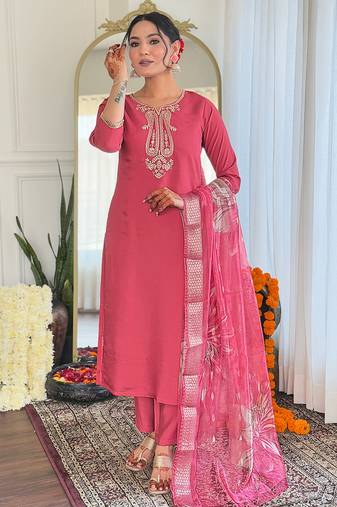 Elegant pink colored party wear embroidered stitched chanderi pant style kurti suit with duppatta