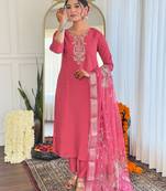 Elegant pink colored party wear embroidered stitched chanderi pant style kurti suit with duppatta