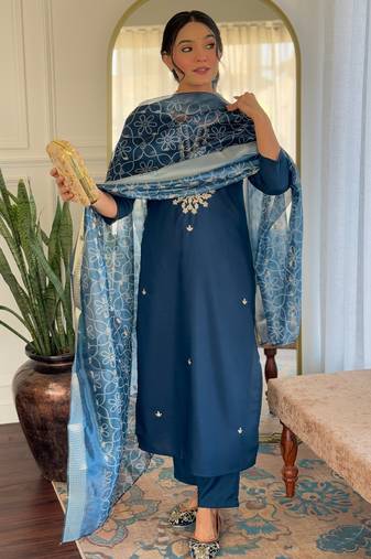 Elegant blue colored party wear embroidered stitched rayon pant style kurti suit with duppatta