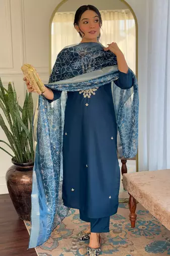 Elegant blue colored party wear embroidered stitched rayon pant style kurti suit with duppatta