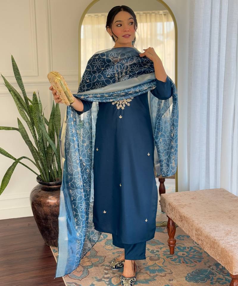 Elegant blue colored party wear embroidered stitched rayon pant style kurti suit with duppatta