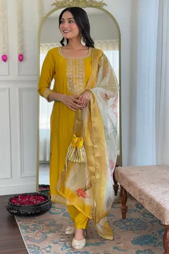 Elegant yellow colored party wear embroidered stitched viscose pant style kurti suit with duppatta