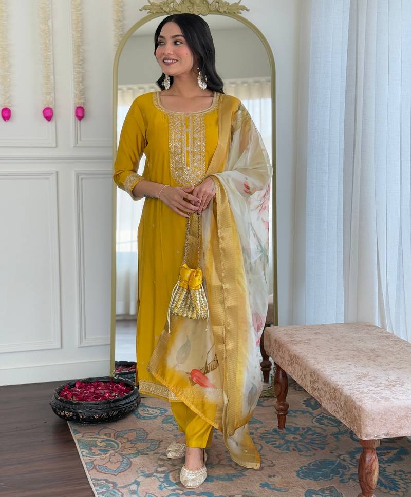 Elegant yellow colored party wear embroidered stitched viscose pant style kurti suit with duppatta