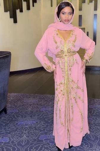 Light Pink Gold Jacket Handbeaded Kaftan for women