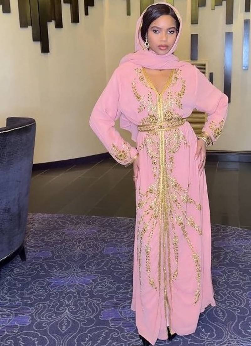 Light Pink Gold Jacket Handbeaded Kaftan for women