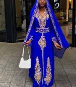 Grand Blue Moroccan Kaftan Gown with Heavy Gold Zari Work | Luxury Event Dress