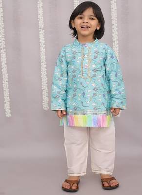 Blue printed cotton silk kurta pyjama 1