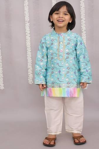 Blue printed cotton silk kurta pyjama