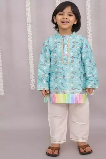 Blue printed cotton silk kurta pyjama