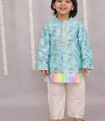 Blue printed cotton silk kurta pyjama