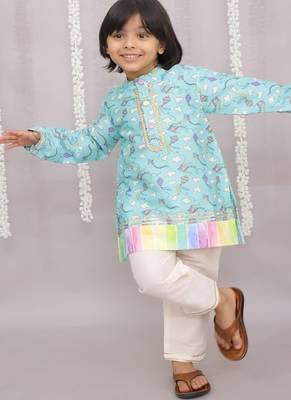 Blue printed cotton silk kurta pyjama 2