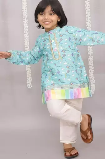 Blue printed cotton silk kurta pyjama