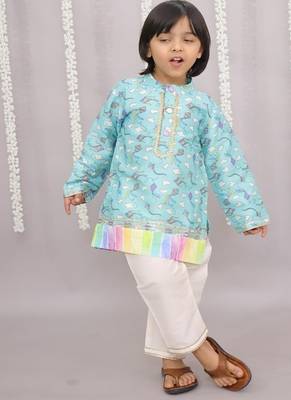 Blue printed cotton silk kurta pyjama 3