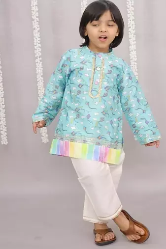 Blue printed cotton silk kurta pyjama