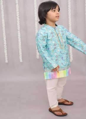 Blue printed cotton silk kurta pyjama 4