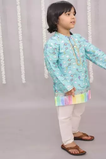 Blue printed cotton silk kurta pyjama