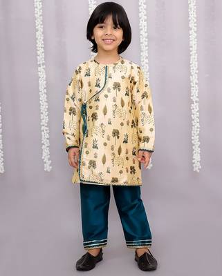 Yellow printed cotton silk kurta pyjama 1