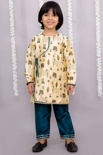 Yellow printed cotton silk kurta pyjama