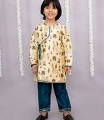 Yellow printed cotton silk kurta pyjama