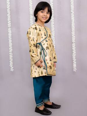 Yellow printed cotton silk kurta pyjama 2