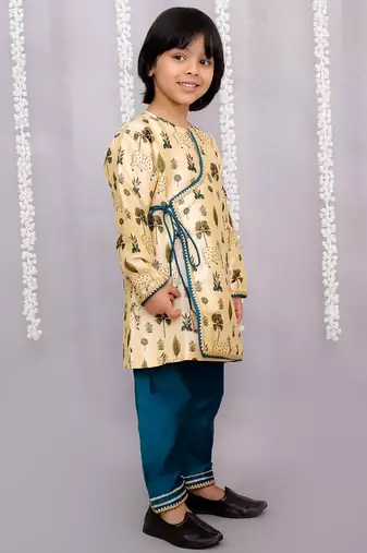 Yellow printed cotton silk kurta pyjama