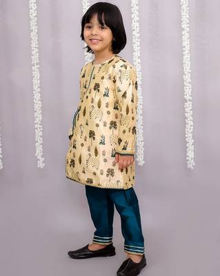 Yellow printed cotton silk kurta pyjama 3