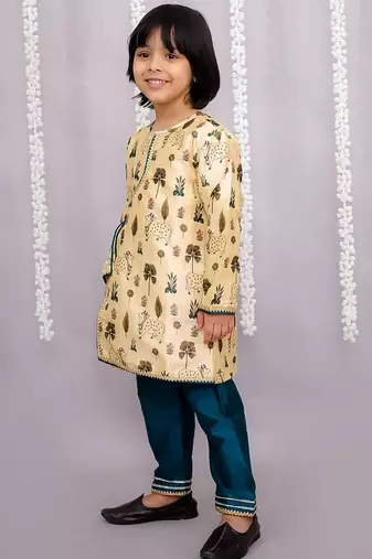 Yellow printed cotton silk kurta pyjama