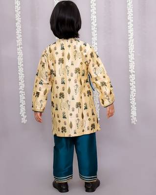 Yellow printed cotton silk kurta pyjama 4