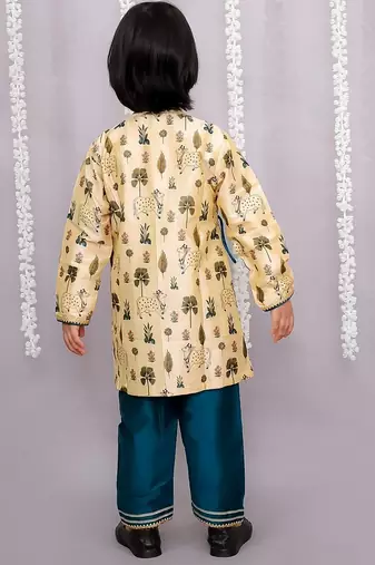 Yellow printed cotton silk kurta pyjama