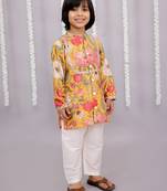 Yellow printed cotton silk kurta pyjama