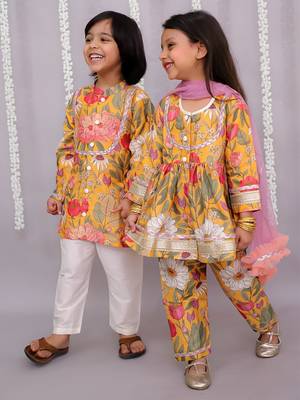 Yellow printed cotton silk kurta pyjama 3