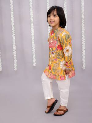 Yellow printed cotton silk kurta pyjama 4