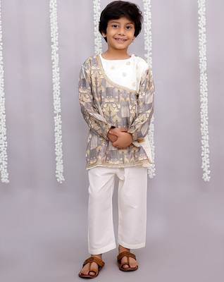 Grey printed cotton silk kurta pyjama 1