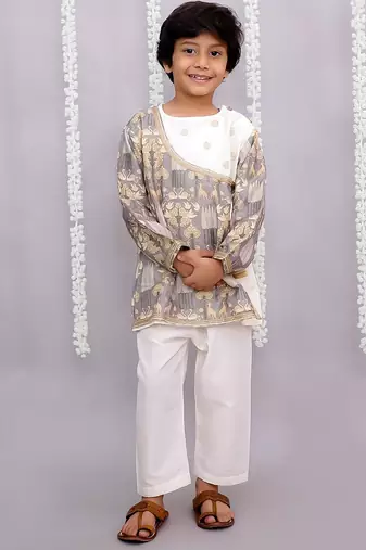 Grey printed cotton silk kurta pyjama