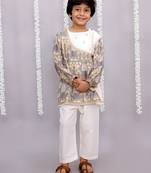 Grey printed cotton silk kurta pyjama