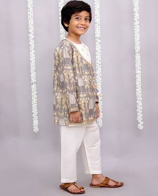 Grey printed cotton silk kurta pyjama 2