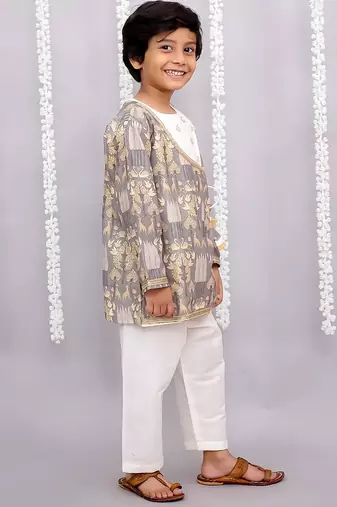 Grey printed cotton silk kurta pyjama