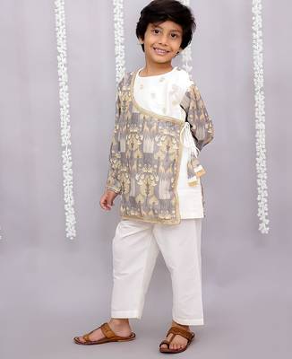 Grey printed cotton silk kurta pyjama 3