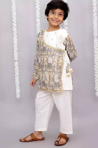 Grey printed cotton silk kurta pyjama